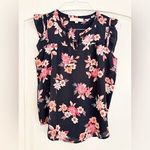 LOFT Navy Floral Ruffle-Trim Sleeveless Top